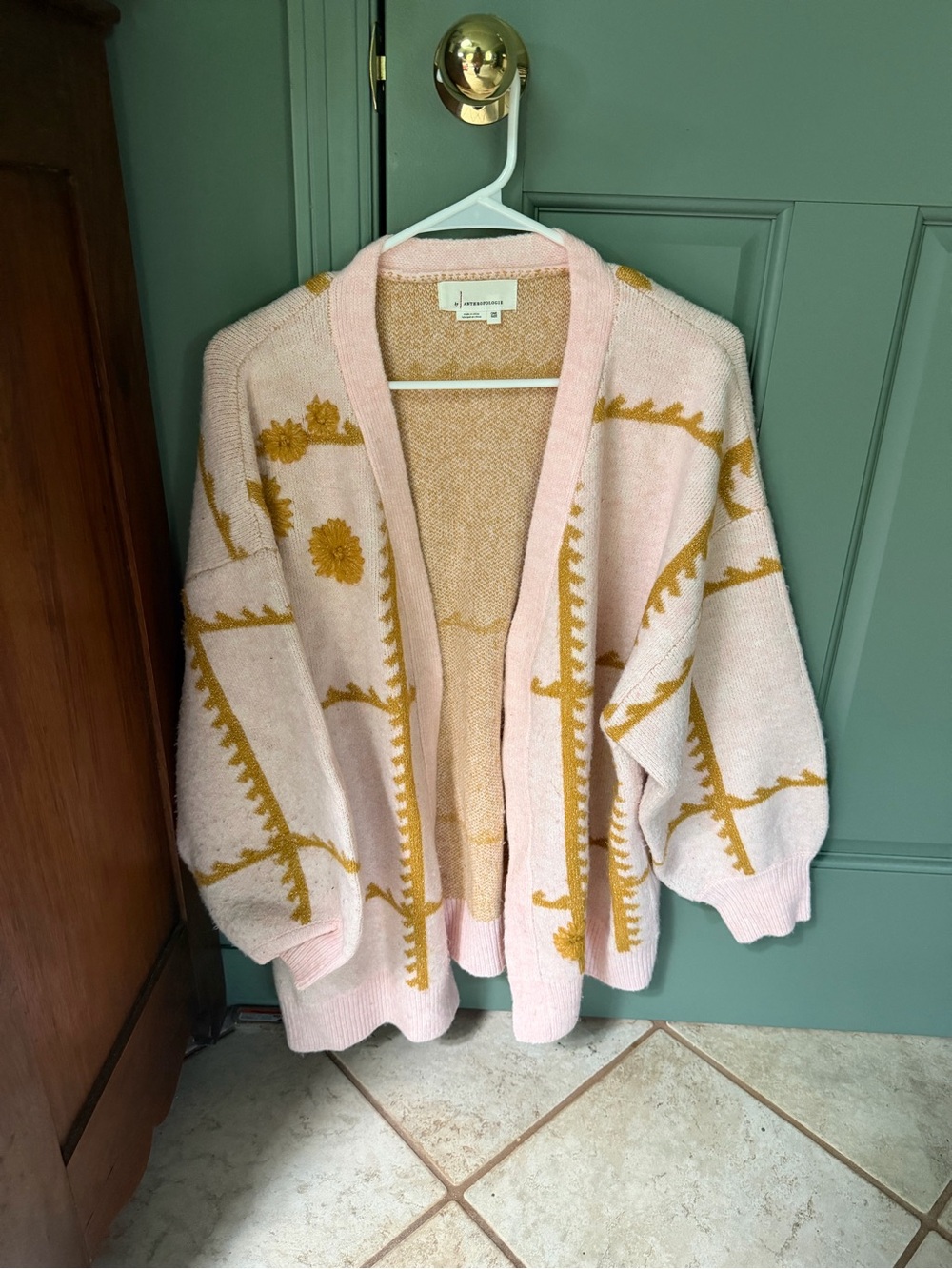 Anthropologie Pink and Mustard Open-Front Patterned Cardigan